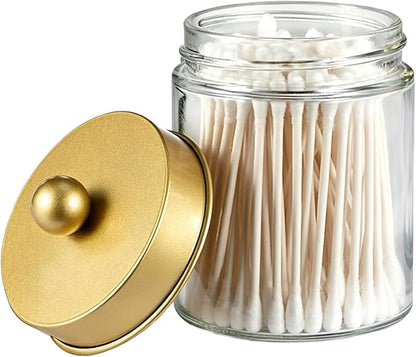 Amolliar Apothecary Jars Bathroom Storage Organizer - Cute Qtip Dispenser Holder Vanity Canister Jar Glass with Lid for Cotton Swabs,Rounds,Bath Salts,Makeup Sponges,Hair Accessories-Gold (1 Pack)