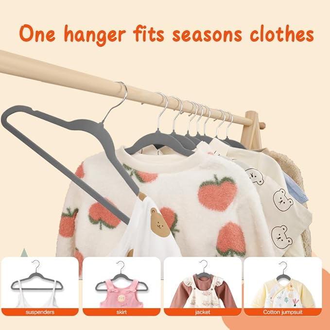 Stormix Baby Clothes Hangers 30 Pack, Kids Velvet Hangers Non-Slip, Clothes Hangers with Shoulder Notches for Toddler Children Gray