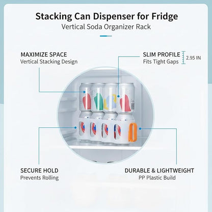 Stacking Can Dispenser for Refrigerator, Slim Vertical Soda Organizer Rack to Maximize Shelf Space, Durable PP Plastic Storage Holder for Pantry & Kitchen