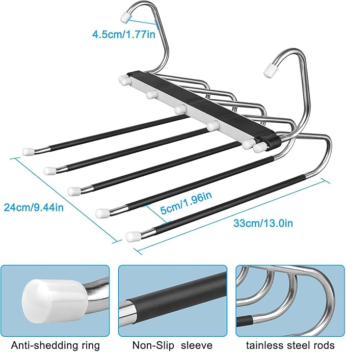 2 Pack Pants Hangers Space Saving Clothes Hangers 5 Layers, Non Slip Pant Hanger for Closet Organizers and Storage, Stainless Steel Jean Hangers Multifunctional Pant Rack for Trouser, Scarf, Skirt