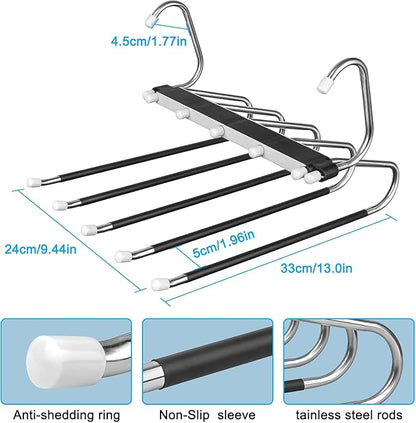 2 Pack Pants Hangers Space Saving Clothes Hangers 5 Layers, Non Slip Pant Hanger for Closet Organizers and Storage, Stainless Steel Jean Hangers Multifunctional Pant Rack for Trouser, Scarf, Skirt