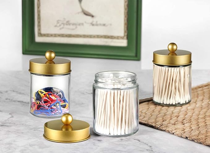 Amolliar 4 Pack Apothecary Jars Bathroom Vanity Storage Organizer Set -Countertop Canister with Stainless Steel Lids &Cute Stickers - Qtip Dispenser Holder for Qtips,Cotton Swabs,Makeup Sponges(Gold)