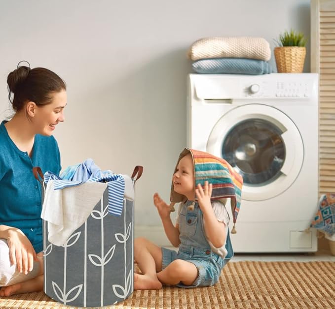 Large Storage Baskets,Waterproof Laundry Baskets,Collapsible Canvas Basket for Storage Bin for Kids Room,Toy Organizer,Home Decor,Baby Hamper (Grey leaves)
