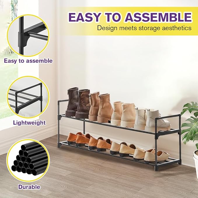 Shoe Rack - Metal Shoe Rack Organizer - Stackable Shoe Storage Shelf for Entryway, Closet, Bathroom 30cm(D) x 92cm(W) x 55cm(H) -Black (2-Tier)