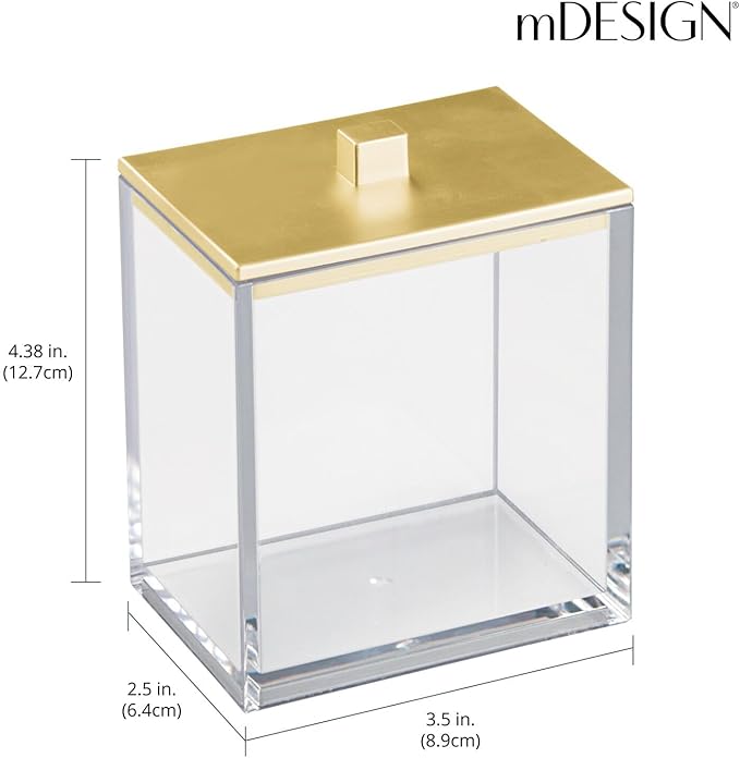 mDesign Plastic Rectangle Apothecary Canister - Organizer for Bathroom Vanity Countertop Shelf Decor - Holds Cotton Swabs, Soap, Makeup, Bath Salts - Lumiere Collection - 2 Pack - Clear/Gold