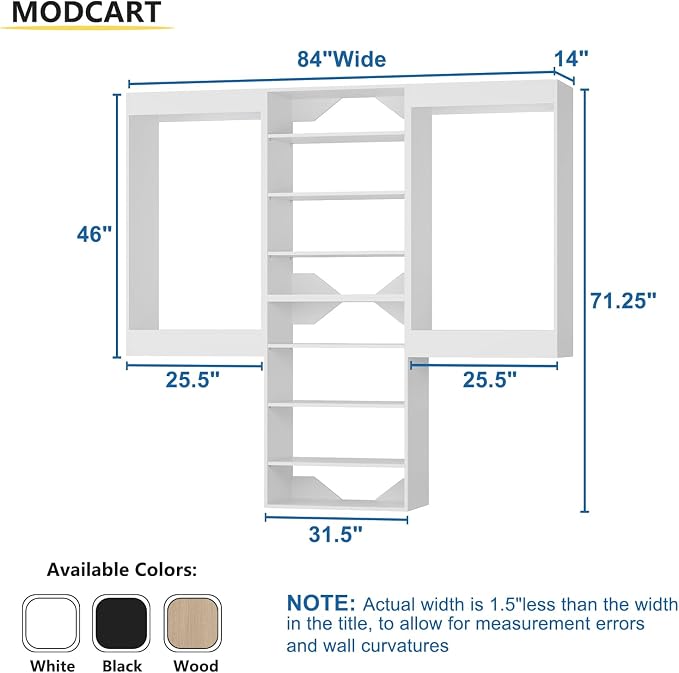 Modular Closet System, 84" Wide Closet Organizer System with Hanging and Towers, Wood Tower Closet Storage for Walk In Closets, Wall Mounted Wardrobe Organizer Kit System, Bedroom, White