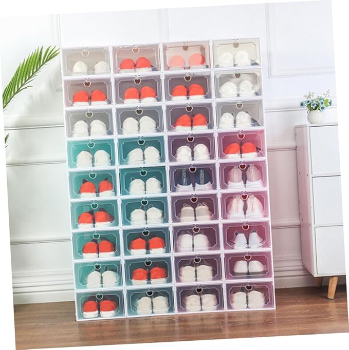 Gatuida 6pcs Large Plastic Shoe Storage Boxes with Flip- Design, Thickened Stackable Shoe Organizer for Closet Storage, Pearl White