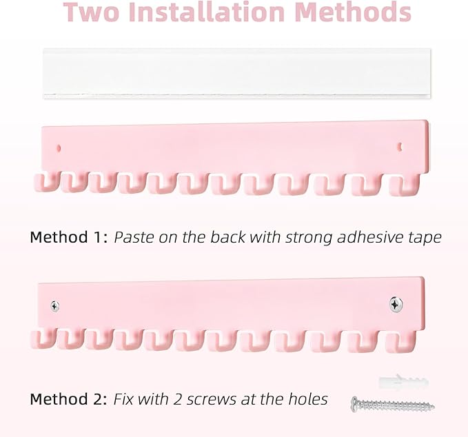 Acrylic Necklace Holder 2 Pack Wall Mounted Necklace Organizer Hanging Jewelry Organizer with 12 Hooks for Necklaces, Bracelets, Rings and Bangles Display Pink