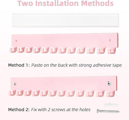 Acrylic Necklace Holder 2 Pack Wall Mounted Necklace Organizer Hanging Jewelry Organizer with 12 Hooks for Necklaces, Bracelets, Rings and Bangles Display Pink