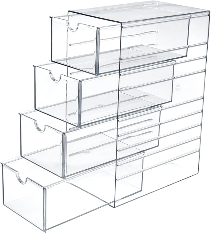 Hipiwe Plastic Drawer Organizer Clear Hair Accessories Organizer Box with 4 Pull Out Drawer Compact Storage Box for Cabinet Vanity Bathroom Pantry Office or Closet Organization