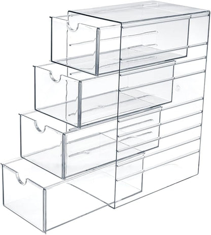 Hipiwe Plastic Drawer Organizer Clear Hair Accessories Organizer Box with 4 Pull Out Drawer Compact Storage Box for Cabinet Vanity Bathroom Pantry Office or Closet Organization