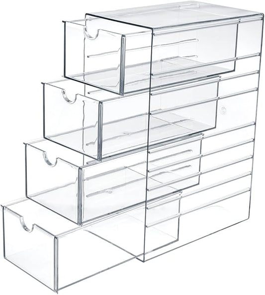 Hipiwe Plastic Drawer Organizer Clear Hair Accessories Organizer Box with 4 Pull Out Drawer Compact Storage Box for Cabinet Vanity Bathroom Pantry Office or Closet Organization