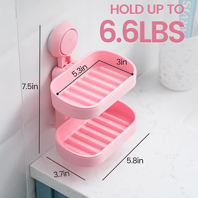 TAILI Soap Holder Soap Dish for Shower, Suction Cup Soap Holder for Shower Wall, Bathroom Accessories, Removable Strong Hold Soap Saver, Drill Free, Pink 2 Layer