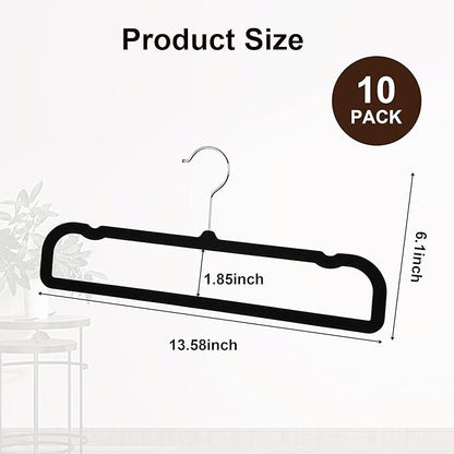 10 Pack Black Velvet Pants Hangers, Felt Plastic Hangers for Space Saving, Flocked Clothing Hanger Heavy Duty Non Slip with 360 Swivel Hook for Coat Jeans Shorts Skirts Tank Top