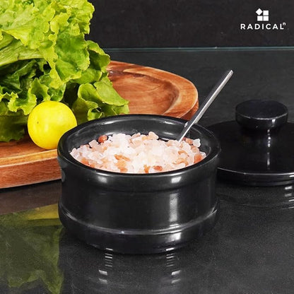 Radicaln marble Salt Cellar Black Handmade salt jar with lid and serving spoon - Elegant sugar container and salt container for kitchen storage