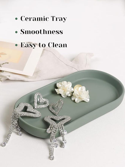 INGOFIN 7" Ceramic Bathroom Vanity Tray- Bathroom Organizer Countertop Tray for Perfume, Jewelry, Candles, Small Kitchen Counter Soap Tray, Decorative for Bathroom Vanity, Toilet Tank, Green