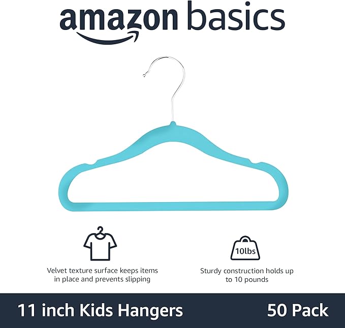 Amazon Basics Kids Space Saving Velvet Non-Slip Clothes Hangers with Shoulder Notches for Infant and Toddler, 11.6", Blue, 50-Pack