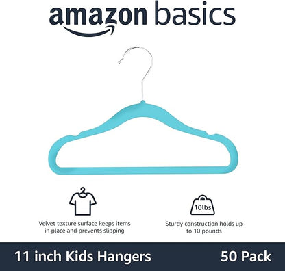 Amazon Basics Kids Space Saving Velvet Non-Slip Clothes Hangers with Shoulder Notches for Infant and Toddler, 11.6", Blue, 50-Pack