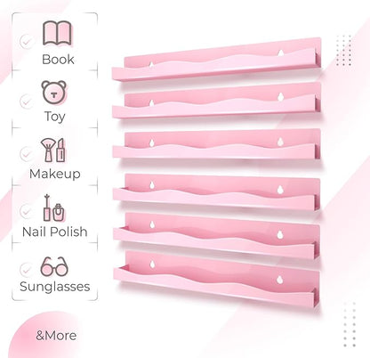 6 Pack Nail Polish Wall Mounted Shelf,15 Inch Nail Polish Floating Shelves for 66-90 Bottles Multi-Purpose,Ideal Gift, Great Display for Salons Retailers,Pink