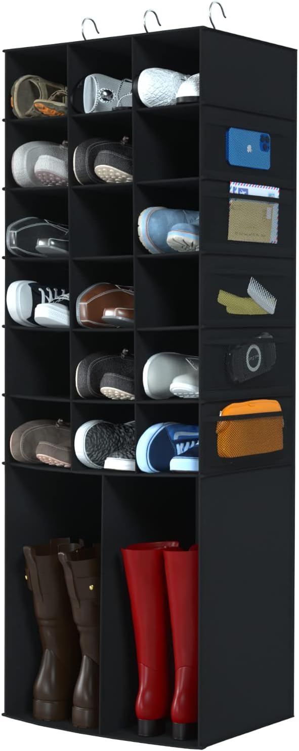 Hanging Shoe Organizer for Closet,18+2 Sections Hanging Shoe Closet Organizers and Storage with 10 Mesh Pockets, Boot Storage, Black