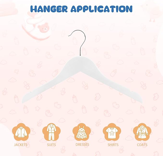 Kids Wood Hangers Without Bar, 12 Pack Baby Children Wooden Hangers with 360° Rotatable Hook for Dress, Coats, and Jacket, Space-Saving Design for Toddler Closet Organization(White)