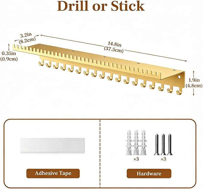 Necklace Holder Wall Hanging Organizer: Wall Mounted Jewelry Shelf with 56 Hooks and Tray, Display Hanger for Kids, Girls and Women, Gold & Metal