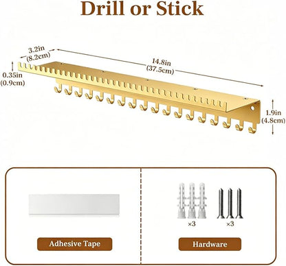 Necklace Holder Wall Hanging Organizer: Wall Mounted Jewelry Shelf with 56 Hooks and Tray, Display Hanger for Kids, Girls and Women, Gold & Metal