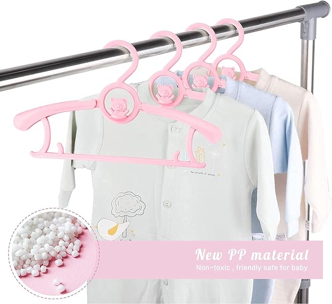 HGYZE Kids Hangers 11"-14" Adjustable Plastic Baby Girl Hangers 20 Pack, Toddler Bear Hanger for Children's Clothes Sweaters, Infant Hangar for Closet with Non-Slip Shoulder Grooves & Pants Bar, Pink