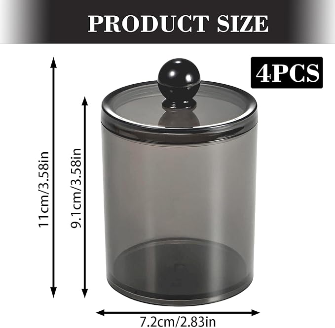 4 Pack Cotton Buds Dispenser, Pad Holder, Clear Black Swab Holder, Apothecary Jar Set Bathroom Canister Storage Organization for Cotton Ball, Round Pads