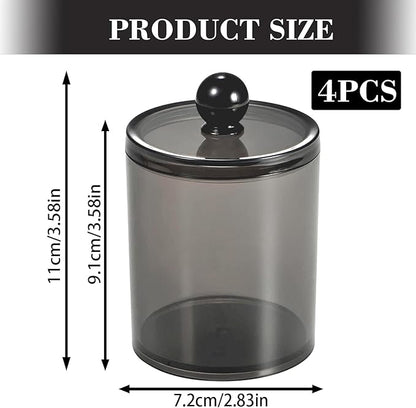 4 Pack Cotton Buds Dispenser, Pad Holder, Clear Black Swab Holder, Apothecary Jar Set Bathroom Canister Storage Organization for Cotton Ball, Round Pads