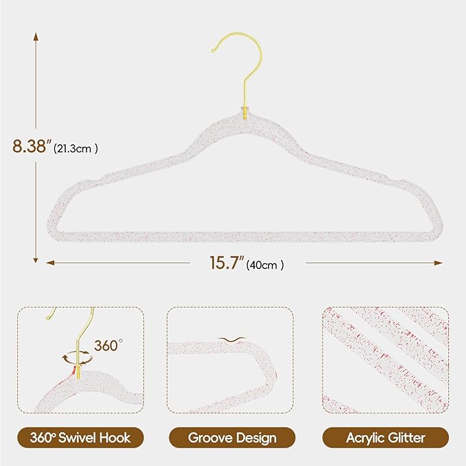 50 Pack Clear Plastic Hangers with Pink Glitter, Acrylic, Ultra Slim, Space Saving, for Coats, Pants, Suits, Shirts, Skirts, Dress Clothes