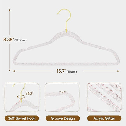 50 Pack Clear Plastic Hangers with Pink Glitter, Acrylic, Ultra Slim, Space Saving, for Coats, Pants, Suits, Shirts, Skirts, Dress Clothes