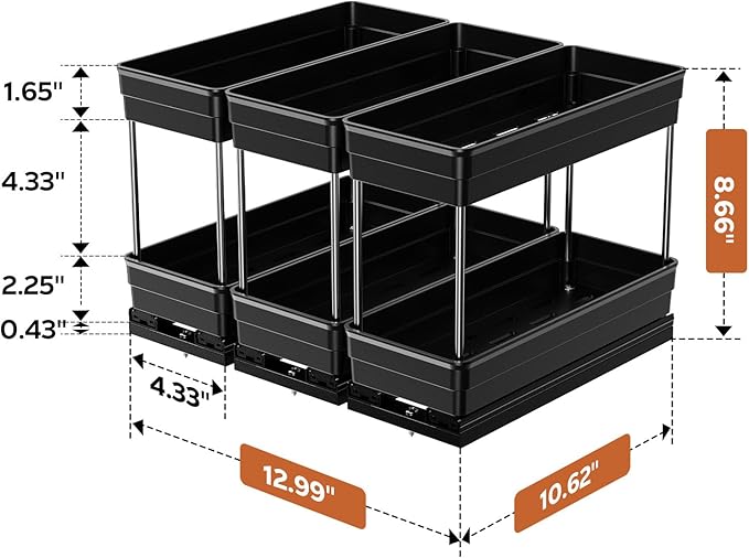 Mystozer Pull Out Spice Rack Organizer for Cabinet, Slide Out Spice Racks Organizer, Easy to Install Spice Cabinet Organizers, 4.33''Wx10.62''Dx8.66''H, 3 Packs -2 Tiers (Black)