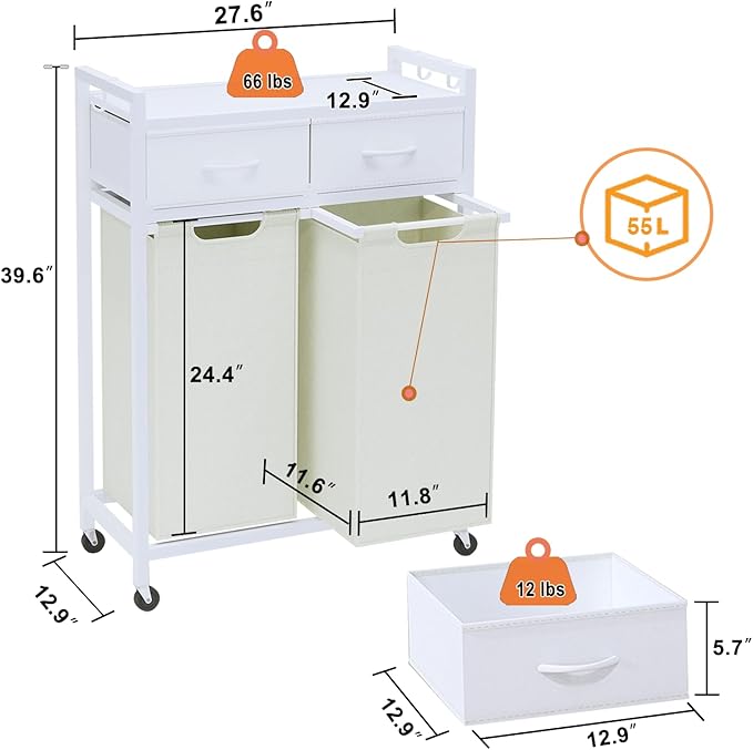 Timberer Laundry Hamper, Laundry Sorter 2 Section, Rolling Laundry Basket with Wheels, 2 Drawers, 2 × 14.5 Gal (55 L), Pull-Out and Removable Oxford Fabric Bags, White and Beige