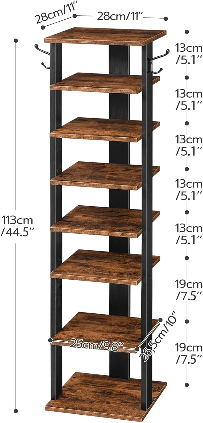 HOOBRO 8 Tiers Vertical Shoe Rack, Wooden Shoe Storage Organizer with Hooks, Narrow Shoe Tower for 8 Pairs, Space Saving, for Entryway, Living Room, Bedroom, Rustic Brown BF07XJ01G1