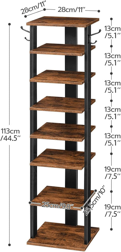 HOOBRO 8 Tiers Vertical Shoe Rack, Wooden Shoe Storage Organizer with Hooks, Narrow Shoe Tower for 8 Pairs, Space Saving, for Entryway, Living Room, Bedroom, Rustic Brown BF07XJ01G1