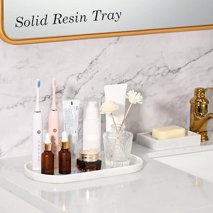 Emibele Bathroom Tray, Resin Oval Vanity Tray Countertop Organizer Toilet Tank Kitchen Tray Decorative Jewelry Storage Tray for Perfume Candles Soap Towel Small Plant Home Decor, M, Marble White