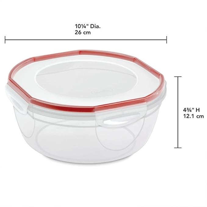 Sterilite Ultra-Seal 4.7 Qt Bowl, Large Airtight Food Storage Container, Latching Lid, Microwave and Dishwasher Safe, Clear With Red Gasket, 16-Pack