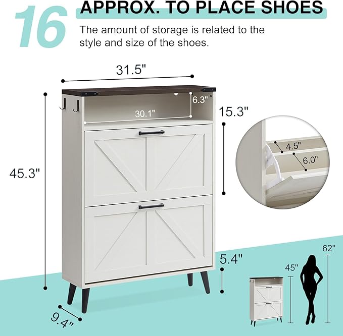 Barnyatoh Shoe Storage Cabinet,Farmhouse Shoe Organizer with 2 Flip Drawers & Barn Door Design,Freestanding Hidden Slim Narrow Shoe Rack Cabinet with Open Storage for Entryway, Foyer,Antique White