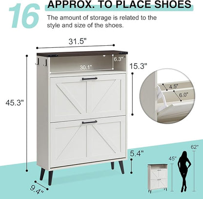 Barnyatoh Shoe Storage Cabinet,Farmhouse Shoe Organizer with 2 Flip Drawers & Barn Door Design,Freestanding Hidden Slim Narrow Shoe Rack Cabinet with Open Storage for Entryway, Foyer,Antique White