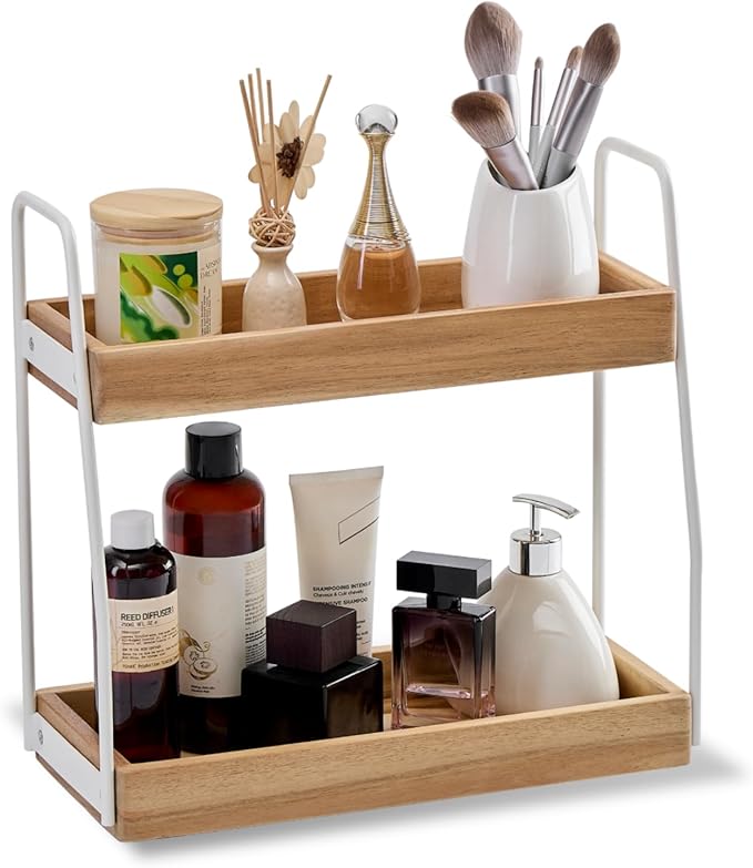 THYOI Acacia Wood 2-Tier Wooden Organizer Countertop, 15.4”x6.7”x14.6”, Natural White with White Steel, Two-Tier Bathroom Organizer, Storage Organizer, Wooden Organizer, Countertop Storage Shelf
