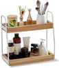 THYOI Acacia Wood 2-Tier Wooden Organizer Countertop, 15.4”x6.7”x14.6”, Natural White with White Steel, Two-Tier Bathroom Organizer, Storage Organizer, Wooden Organizer, Countertop Storage Shelf