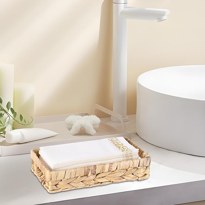 Bathroom Vanity Tray, Water Hyacinth Narrow Counter Tray with Handles, Decorative Woven Organizer Trays for Toilet Tank, Shelves, Farmhouse Hand Towels Basket Holder for Storage (Small)