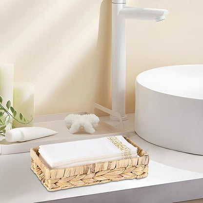 Bathroom Vanity Tray, Water Hyacinth Narrow Counter Tray with Handles, Decorative Woven Organizer Trays for Toilet Tank, Shelves, Farmhouse Hand Towels Basket Holder for Storage (Small)