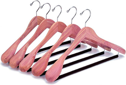 Amber Home 5 Pack Cedar Suit Hangers with Extra Wide Shoulder, Wooden Clothes Hangers for Coats & Jacket, Aromatic Natural Cedar Hangers with Non-Slip Velvet Pant Bar