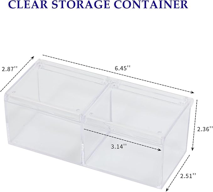 2 Pack Bathroom Container with Divider, Plastic Vanity Storage Canister Jars with Lid for Cotton Balls, Makeup Pads, Cosmetics Sponges, Floss Picks, Clear Desk Drawer Organizer Box