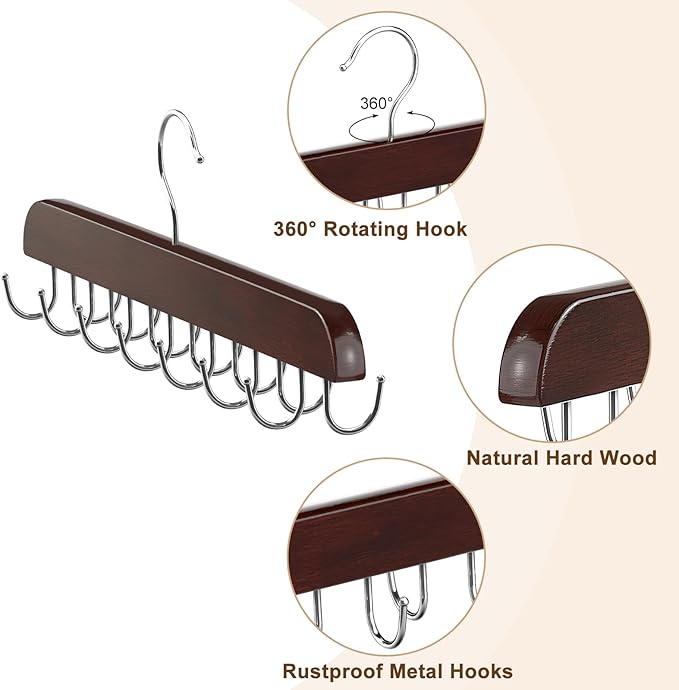Belt Hanger for Closet, Sturdy Wood Belt Rack Closet Accessories with 14 Hooks Belt Organizer for Closet Organizers and Storage Max 42 Belts-Mahogany 1 Pack