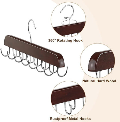 Belt Hanger for Closet, Sturdy Wood Belt Rack Closet Accessories with 14 Hooks Belt Organizer for Closet Organizers and Storage Max 42 Belts-Mahogany 1 Pack