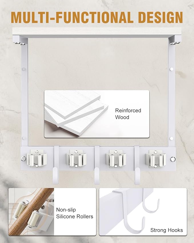 Supforce Small Broom Holder Wall Mount with Cleaning Supplies Organizer, White