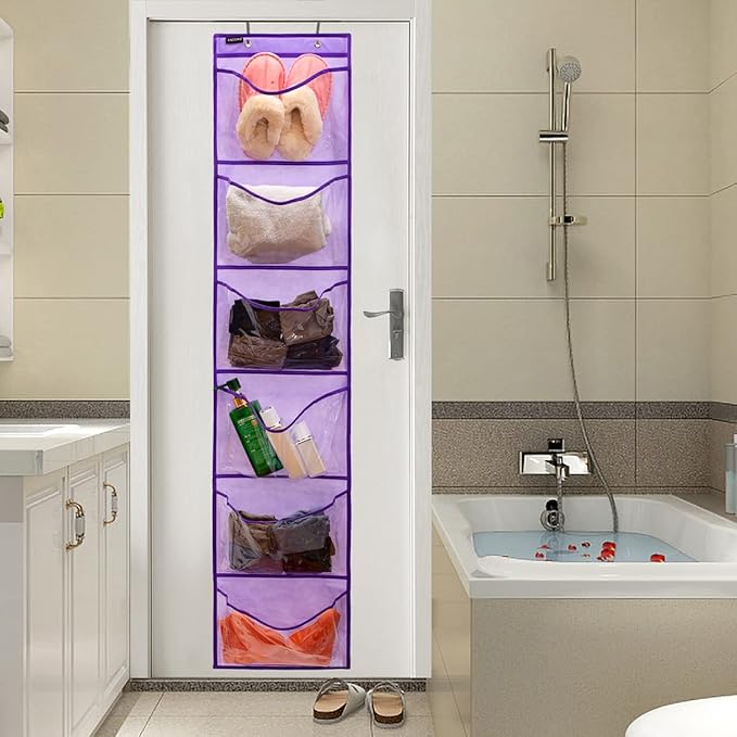Extra Large Pockets Shoe Organizer for Closet Over The Narrow Door Hanging Shoe Holder Storage (6 Large Pockets-Purple)